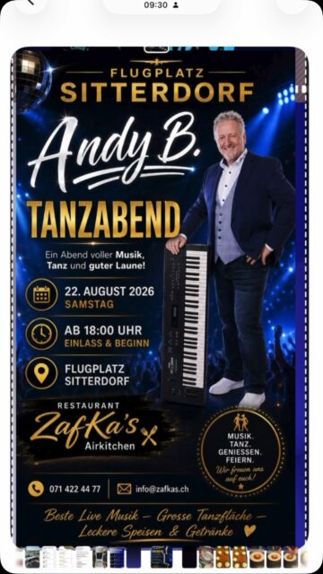 Unser nächster Tanzabend steht fest 👯♀️🎶
Wir freuen uns auf EUCHC😍
ZafKa’s AirKitchen
Flugplatz 1
8589 Sitterdorf
Reservation erwünscht
071422 44 77 oder info@zafkas.ch
