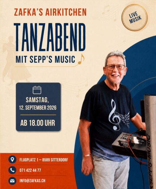 💃 TANZABEND MIT SEPP
Am Samstag, 12. September wird bei Zafka’s wieder getanzt! Ab 18.00 Uhr sorgt Sepp mit Live-Musik für beste Stimmung und lädt zum Tanzen, Mitsingen und Verweilen ein. 🎵
Ob leidenschaftliche Tänzer, Gelegenheitstänzer oder einfach alle, die einen gemütlichen Abend bei guter Musik verbringen möchten - bei uns sind alle herzlich willkommen. ❤️
Dazu gibt’s natürlich feines Essen, erfrischende Getränke und die gemütliche Atmosphäre von Zafka’s Airkitchen. 🍽️🥂
📅 Samstag, 12. September 2026
⏰ ab 18.00 Uhr
📍 Zafka’s Airkitchen, Flugplatz 1, 8589 Sitterdorf
📞 Reservation: 071 422 44 77
Wir freuen uns auf einen stimmungsvollen Tanzabend mit euch! 🎶
#zafkas #zafkasairkitchen #sitterdorf #tanzabend #livemusik