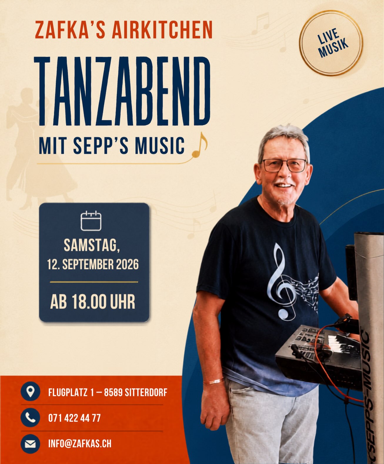 💃 TANZABEND MIT SEPP
Am Samstag, 12. September wird bei Zafka’s wieder getanzt! Ab 18.00 Uhr sorgt Sepp mit Live-Musik für beste Stimmung und lädt zum Tanzen, Mitsingen und Verweilen ein. 🎵
Ob leidenschaftliche Tänzer, Gelegenheitstänzer oder einfach alle, die einen gemütlichen Abend bei guter Musik verbringen möchten - bei uns sind alle herzlich willkommen. ❤️
Dazu gibt’s natürlich feines Essen, erfrischende Getränke und die gemütliche Atmosphäre von Zafka’s Airkitchen. 🍽️🥂
📅 Samstag, 12. September 2026
⏰ ab 18.00 Uhr
📍 Zafka’s Airkitchen, Flugplatz 1, 8589 Sitterdorf
📞 Reservation: 071 422 44 77
Wir freuen uns auf einen stimmungsvollen Tanzabend mit euch! 🎶
#zafkas #zafkasairkitchen #sitterdorf #tanzabend #livemusik