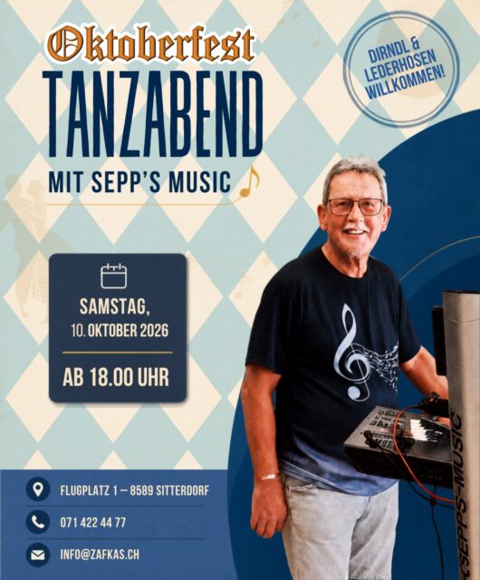 Das Oktoberfest in München ist vorbei, Dirndl und Lederhose müssen jedoch noch nicht zurück in den Schrank! 🥨
Bei unserem Tanzabend mit Sepp wird es zünftig: Musik, Tanz und ein geselliger Abend im Oktoberfest-Stil erwarten euch.
Kommt sehr gerne in Tracht - wir freuen uns auf eure Dirndl und Lederhosen! Packt eure Freunde ein und feiert mit uns. 🎶
#Zafkas #ZafkasAirKitchen #Tanzabend #Sitterdorf