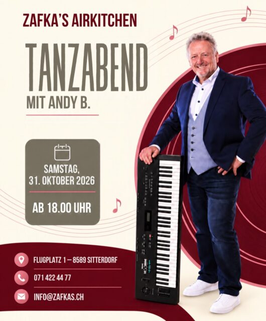 Wer hat Lust auf einen Abend mit Musik und Tanz? 🎶
Am Samstag, 31. Oktober, ist Andy B. bei uns zu Gast. Ab 18 Uhr wird getanzt, mitgesungen und gemeinsam ein geselliger Abend verbracht.
Wir freuen uns auf euch! 😉
#Zafkas #ZafkasAirKitchen #Tanzabend #Sitterdorf