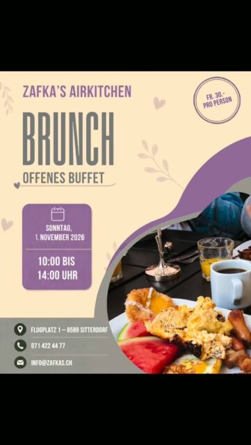 Der November darf gemütlich starten. ☕🥐
Am Sonntag, 1. November, laden wir euch zum Brunch im Zafkas Air Kitchen ein. Gemeinsam frühstücken, noch einen Kaffee bestellen und Zeit zum Plaudern haben - so lässt sich der Sonntag geniessen.
Kommt mit Familie oder Freunden vorbei. Wir freuen uns auf euch! 💛
#Zafkas #ZafkasAirKitchen #Brunch #Sitterdorf